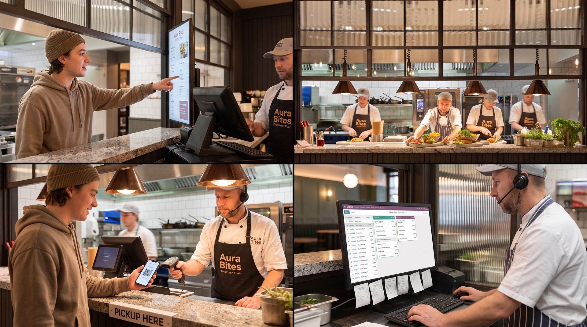 Odoo order kiosk and KDS kitchen display for quick service concepts with high order volumes.