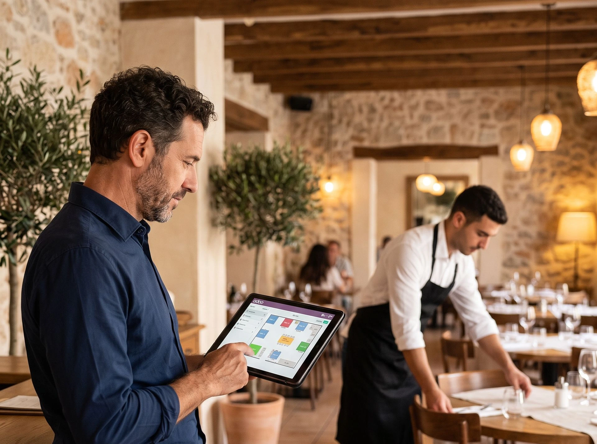 Odoo reservation system for restaurants with time slots and digital table layout.