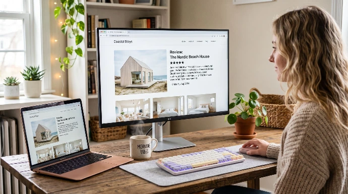 Klant bekijkt gastenreviews op een boekingsgerichte website voor een vakantiehuis