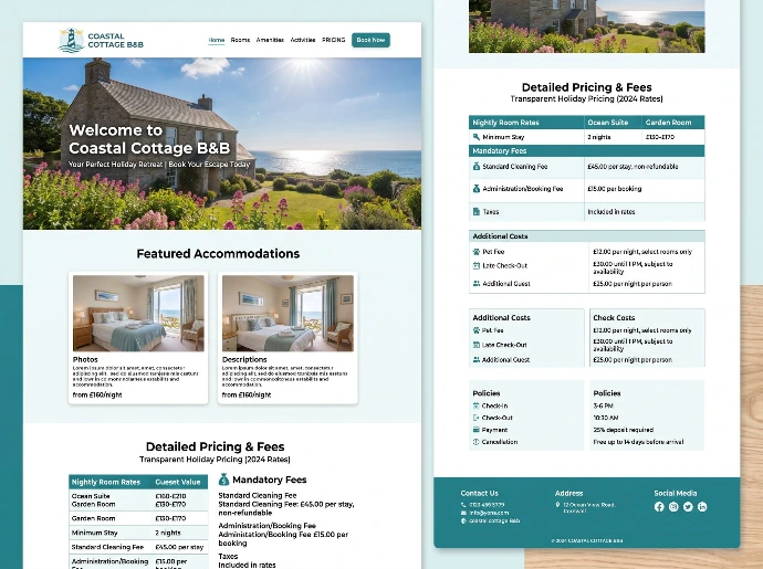 Overzichtelijke indeling van kamers, prijzen, aankomsttijden en faciliteiten op B&B website