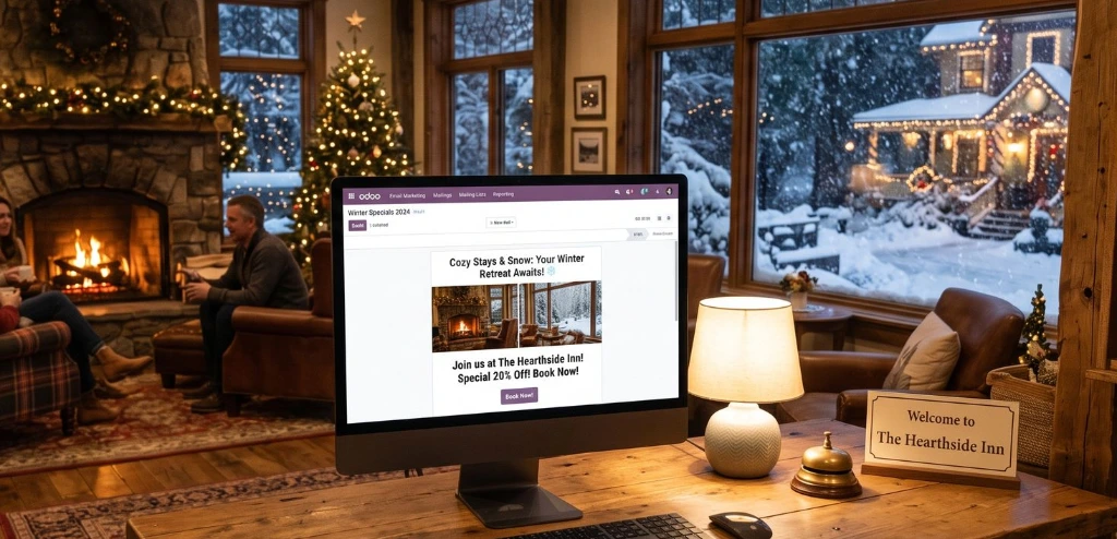 Odoo e-mailmarketing seizoenscampagne voor winterverblijf in een B&B of vakantiehuis