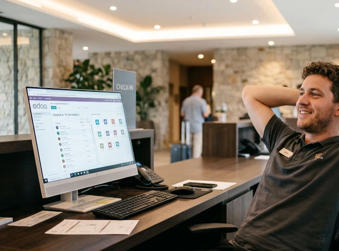 Ontspannen hotelmedewerker achter een computer met het Odoo systeem van Newconomie