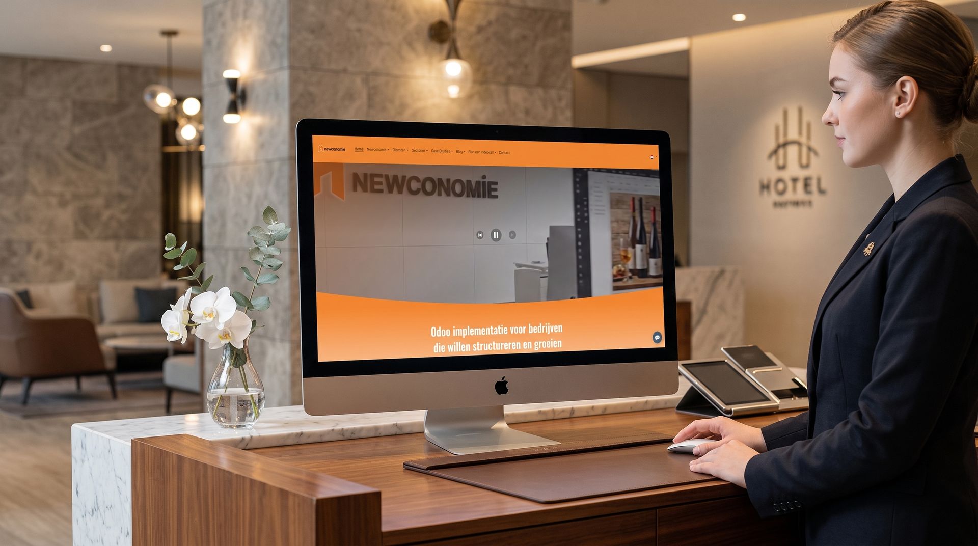 Hotelreceptie met een computer die de Newconomie Odoo implementatie video toont