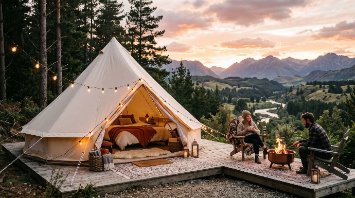 Sfeervolle glamping tent met verlichting in de natuur geschikt voor verhuur