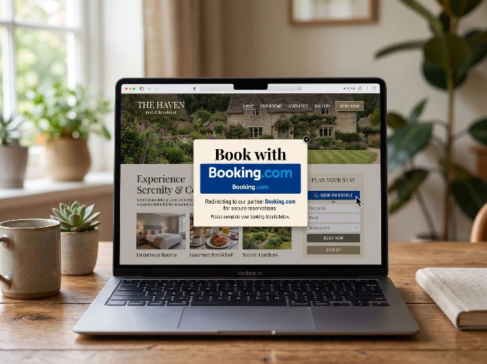 Laptop met een B&B website die gasten doorstuurt naar Booking.com