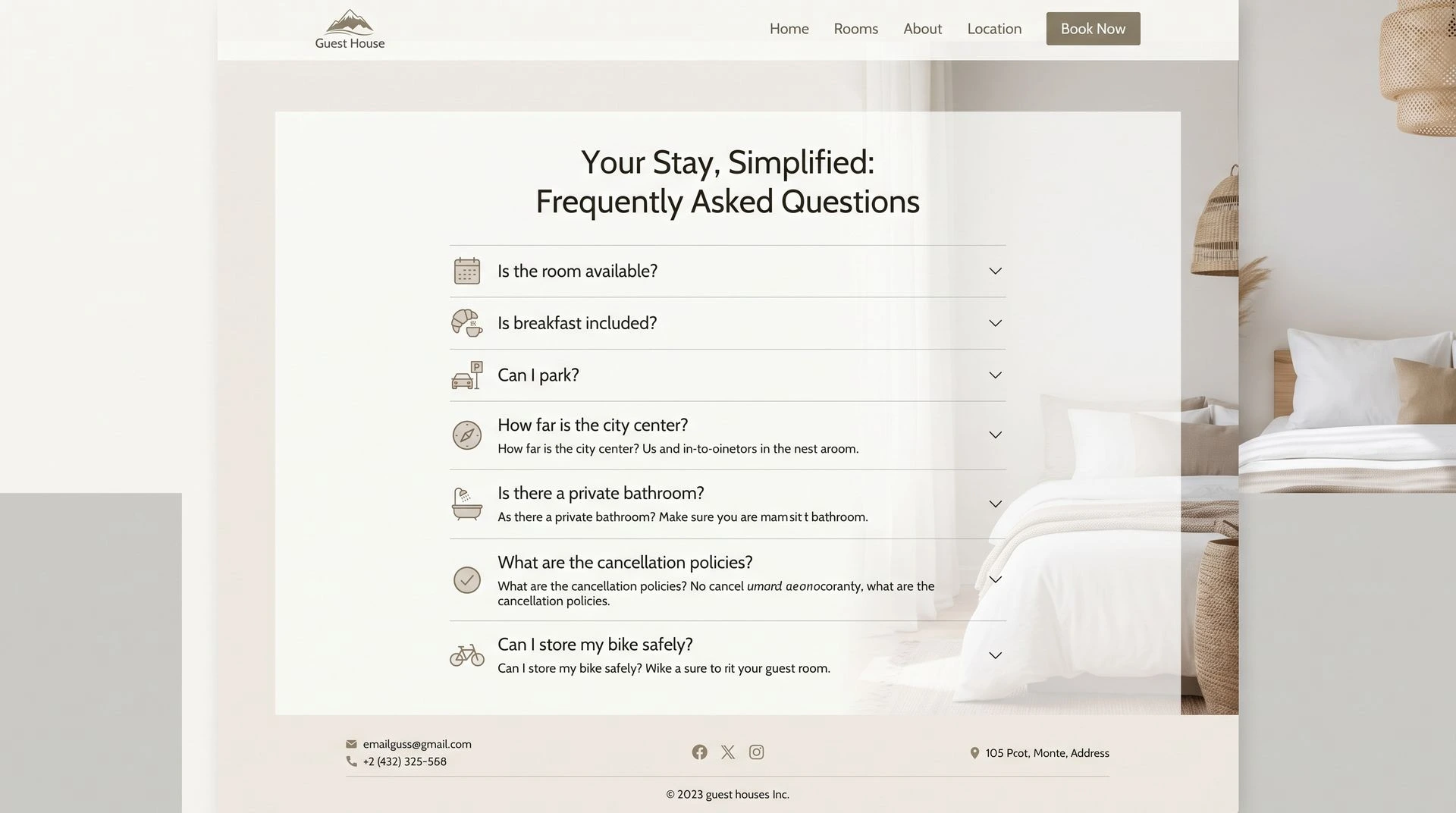 Schermafbeelding van een B&B website met een overzichtelijke FAQ-lijst voor gasten. Veelgestelde vragen sectie op een B&B website ontwikkeld door Newconomie