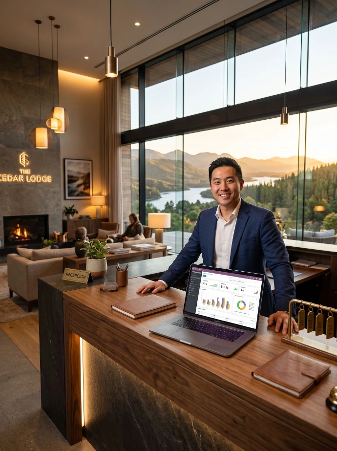 man bij de receptiebalie met een laptop waarop Odoo-software staat. Hotelier beheert gastcommunicatie en automatisering via het Odoo systeem van Newconomie