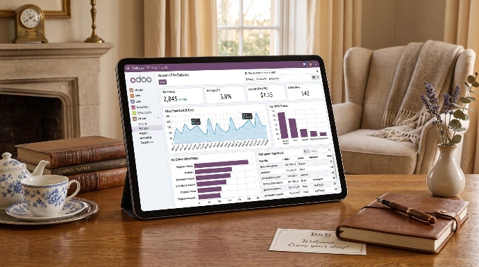 Tablet op een houten tafel met Odoo analysestatistieken. Odoo dashboard van Newconomie voor het meten van B&B website prestaties