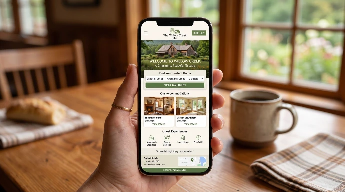 Hand die een mobiele B&B website vasthoudt bij een kop koffie. Mobiele B&B boekingspagina geanalyseerd op conversie via Newconomie