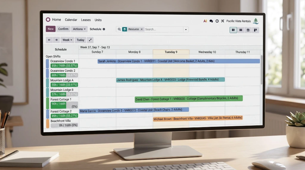 Odoo planningskalender voor het synchroniseren van vakantiehuis beschikbaarheid