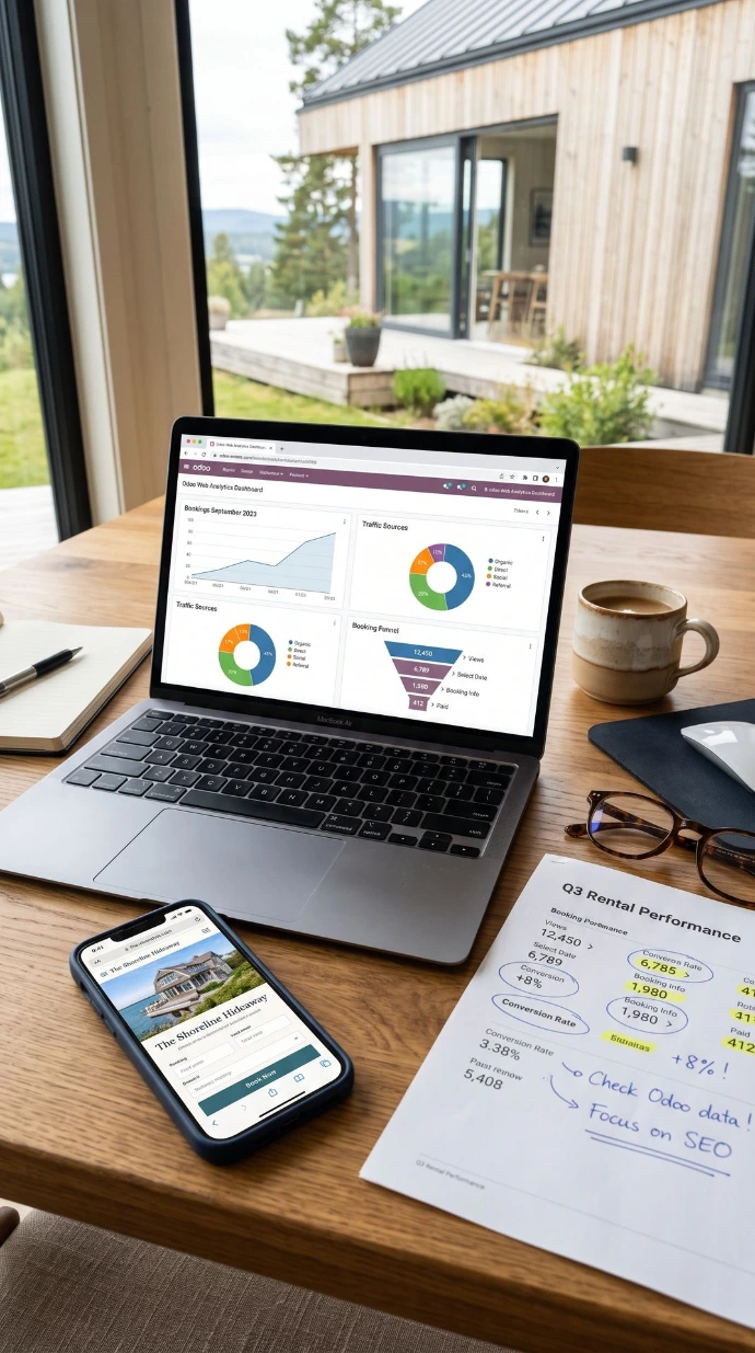 Odoo dashboard van Newconomie voor het meten van conversie en prestaties van een vakantiewoning website