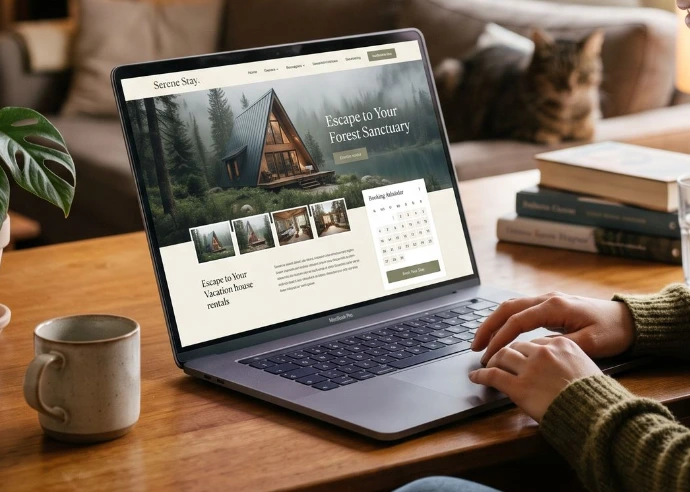 Persoon achter een laptop met de website en boekingskalender van een accommodatie. Odoo boekingskanaal op laptop geoptimaliseerd voor directe reserveringen via Newconomie