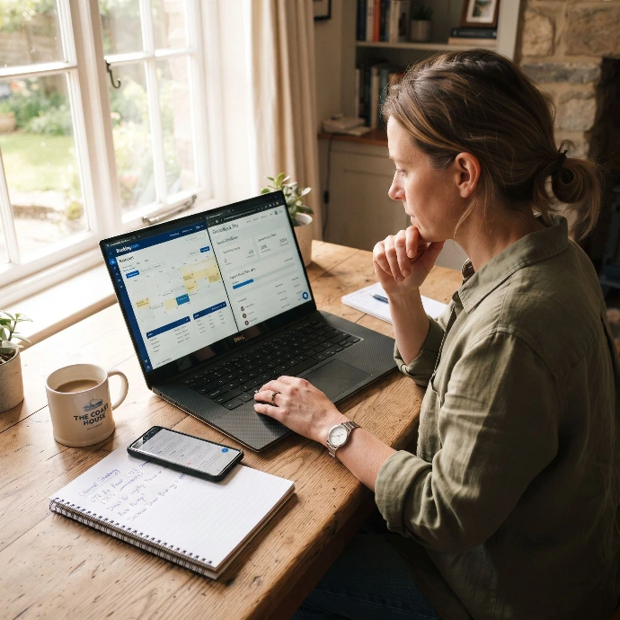 Vrouw op kantoor achter een laptop waarop boekingskanalen worden beheerd. Odoo kanaalbeheer en Booking.com integratie voor vakantiehuis verhuur via Newconomie