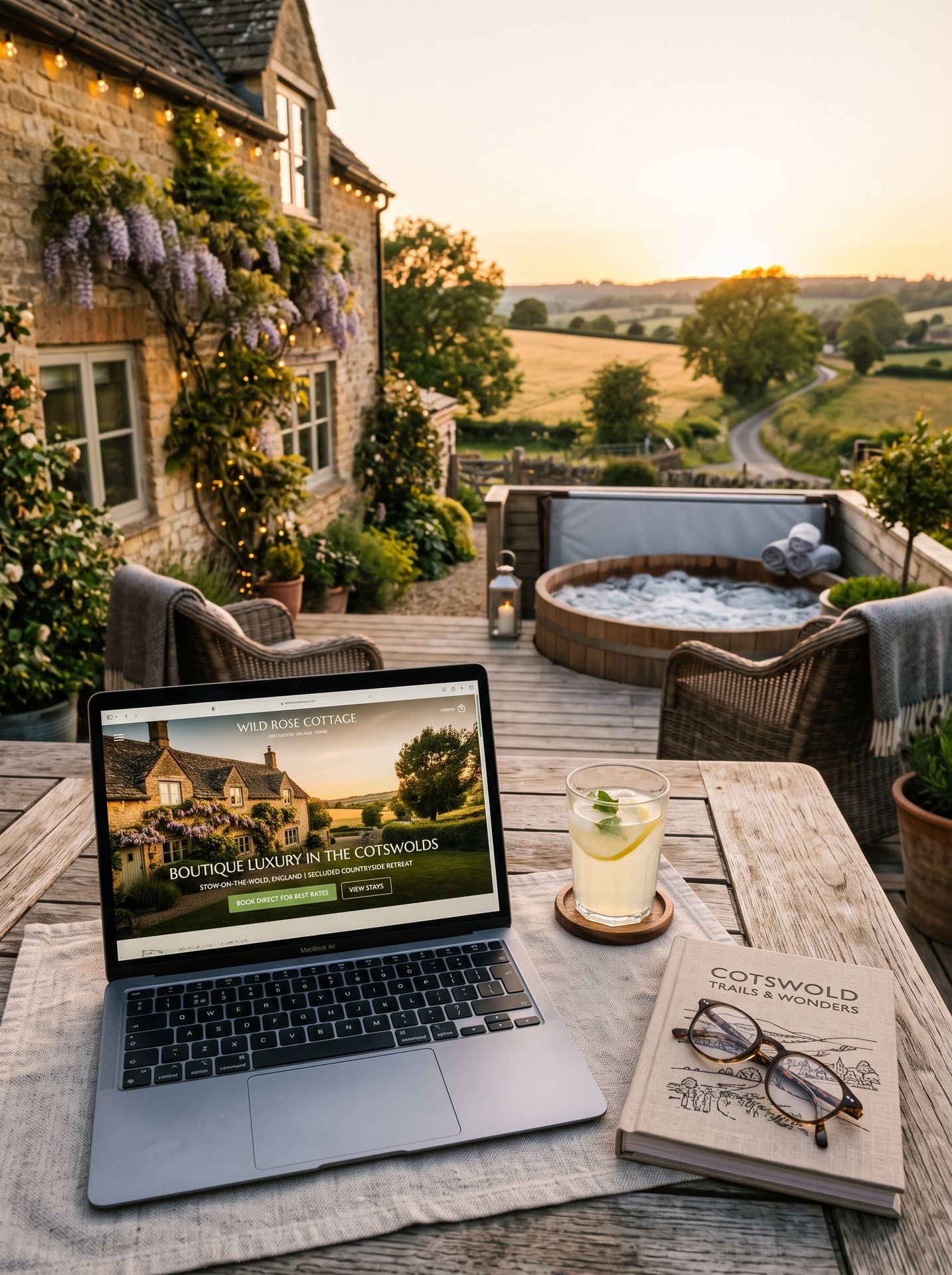 Laptop op een houten terrastafel van een landelijke B&B met een hottub op de achtergrond. B&B website presentatie gecombineerd met Booking.com bereik via Newconomie