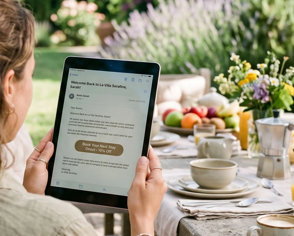 Vrouw leest een "Welcome Back" e-mail op haar tablet. Odoo CRM e-mailmarketing en gastretentie voor B&B's door Newconomie