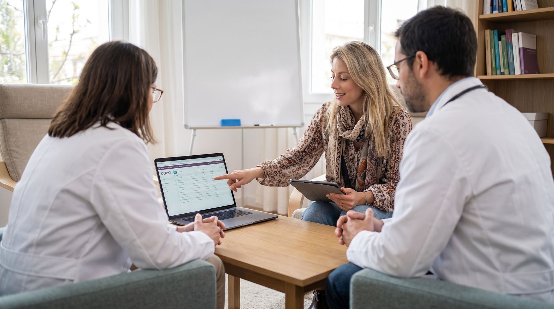 Un asesor muestra el software empresarial Odoo en una laptop a dos profesionales de la salud en una sala de reuniones.