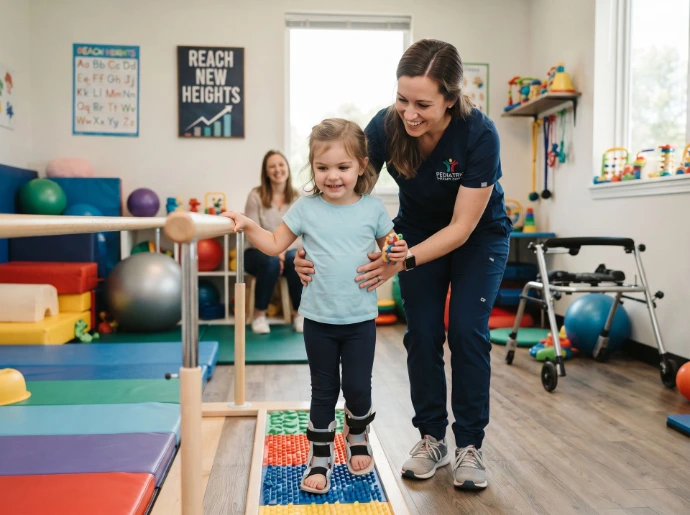 El terapeuta apoya a una niña joven en un ejercicio de equilibrio y marcha en un espacio de práctica para el cuidado juvenil.
