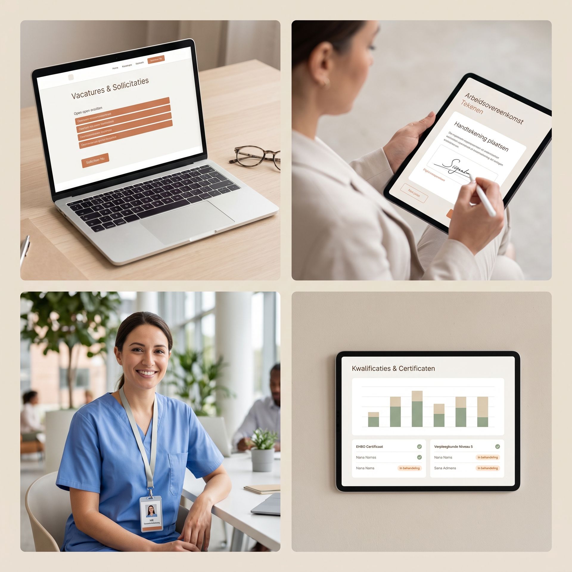 Collage del proceso de entrada: oferta de trabajo en laptop, firma digital de un contrato de atención, incorporación de una enfermera y un panel de calificaciones.