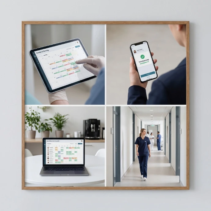 Collage de la planificación de atención: agenda digital de turnos en tablet, aprobación de permisos, disponibilidad del equipo y un proveedor de atención en el lugar de trabajo.