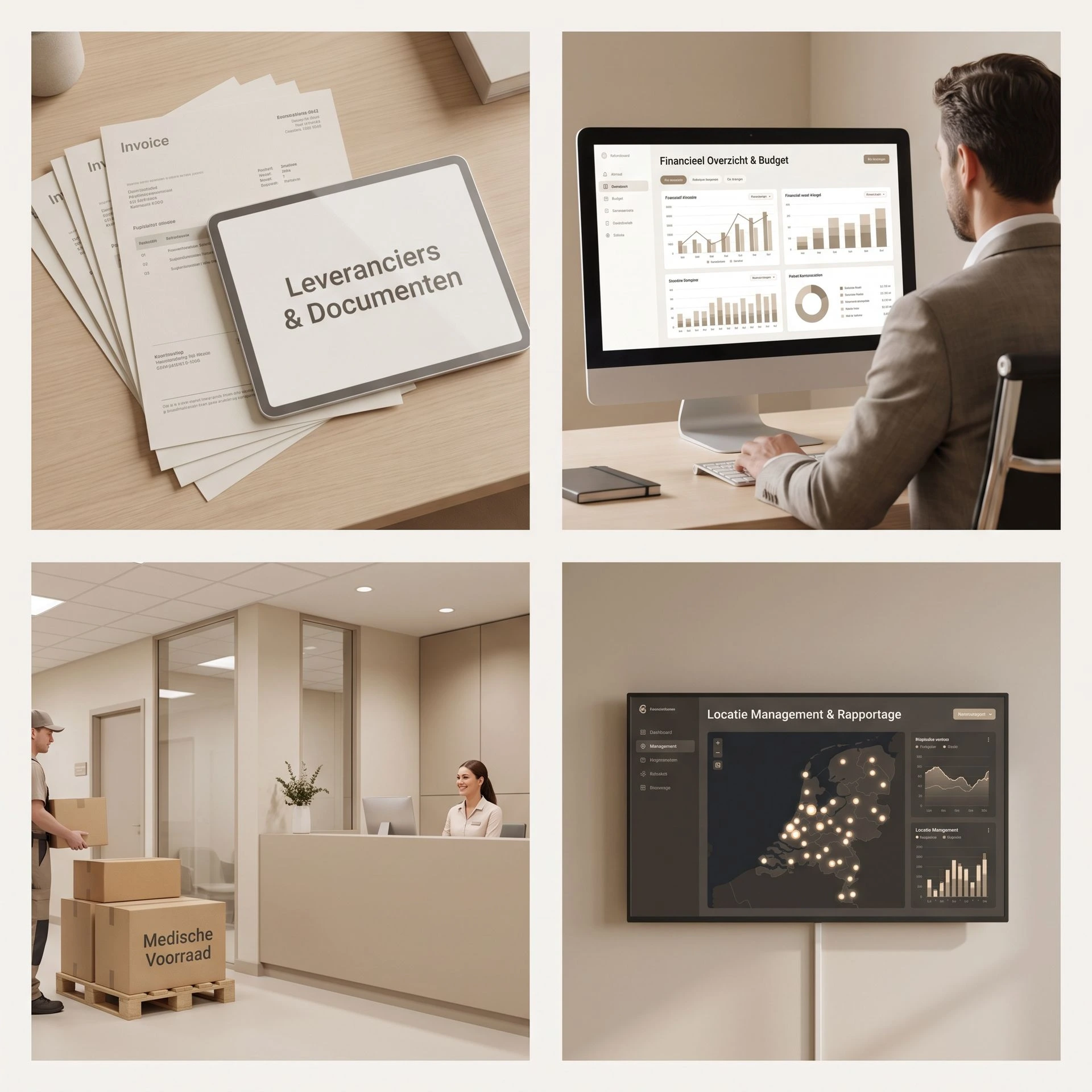 Collage de administración de atención: facturas digitales de proveedores, panel financiero, recepción de compras e informes de dirección para múltiples ubicaciones.