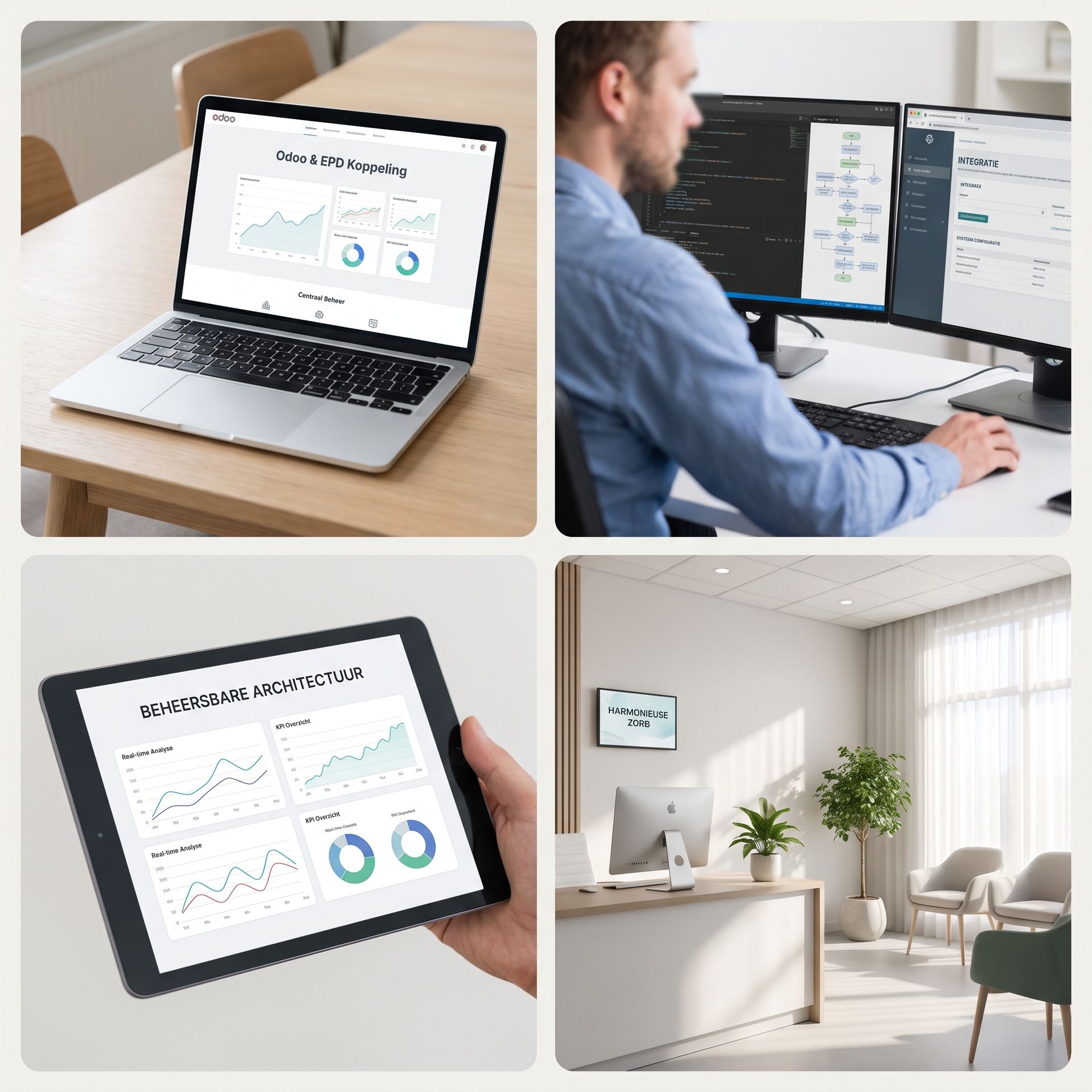 Collage de arquitectura de software: panel de Odoo vinculado con EPD/ECD, integración de API por especialista en TI, reporte de KPI y una práctica organizada.