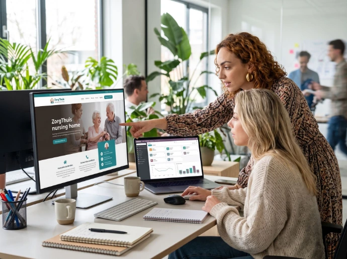 Dos especialistas de Nueva economía trabajan en una pantalla con una página de aterrizaje para un hogar de cuidado y un panel de Odoo en una laptop.