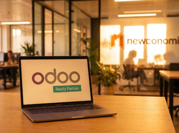Laptop met Odoo Ready Partner logo op het scherm in het kantoor van Newconomie