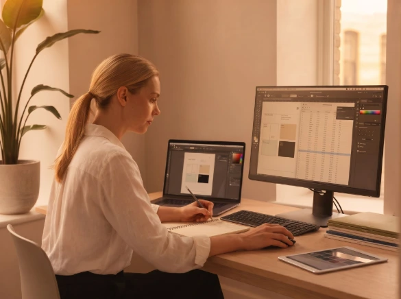 Vrouw werkt aan digitaal ontwerp op computer en maakt aantekeningen - Onze werkwijze