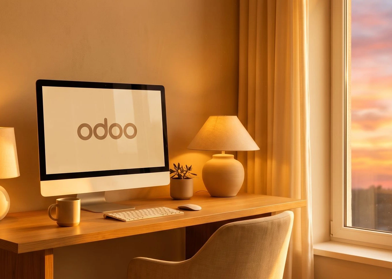 Werkplek met een scherm waarop de Odoo software interface en planning worden getoond - Odoo implementatie