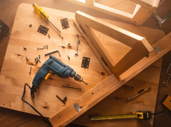 Werkbank met boormachine, schroeven, gereedschap en houtconstructie - Techniek, bouw & monteurs