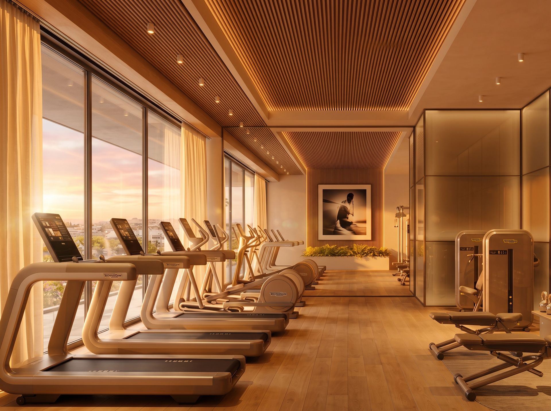 Luxe en moderne sportschool en wellness studio met fitnessapparaten en warm licht - Gym, yoga & wellness