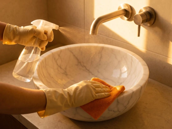 Persoon met handschoenen die een marmeren wastafel schoonmaakt met een spray en doek - Schoonmaak & onderhoud