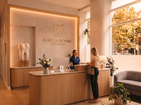 Moderne en warme receptie van een tandheelkundige kliniek met een baliemedewerker en patiënt - Zorg