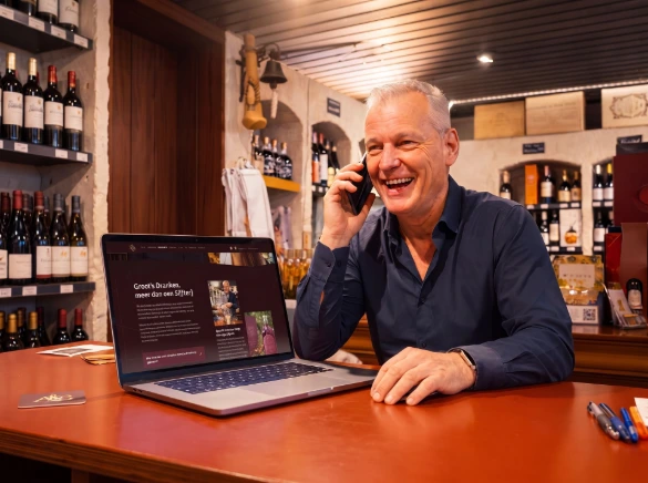 Eigenaar van Groots Dranken aan de telefoon bij laptop met de website - Groots Dranken geautomatiseerd met Odoo