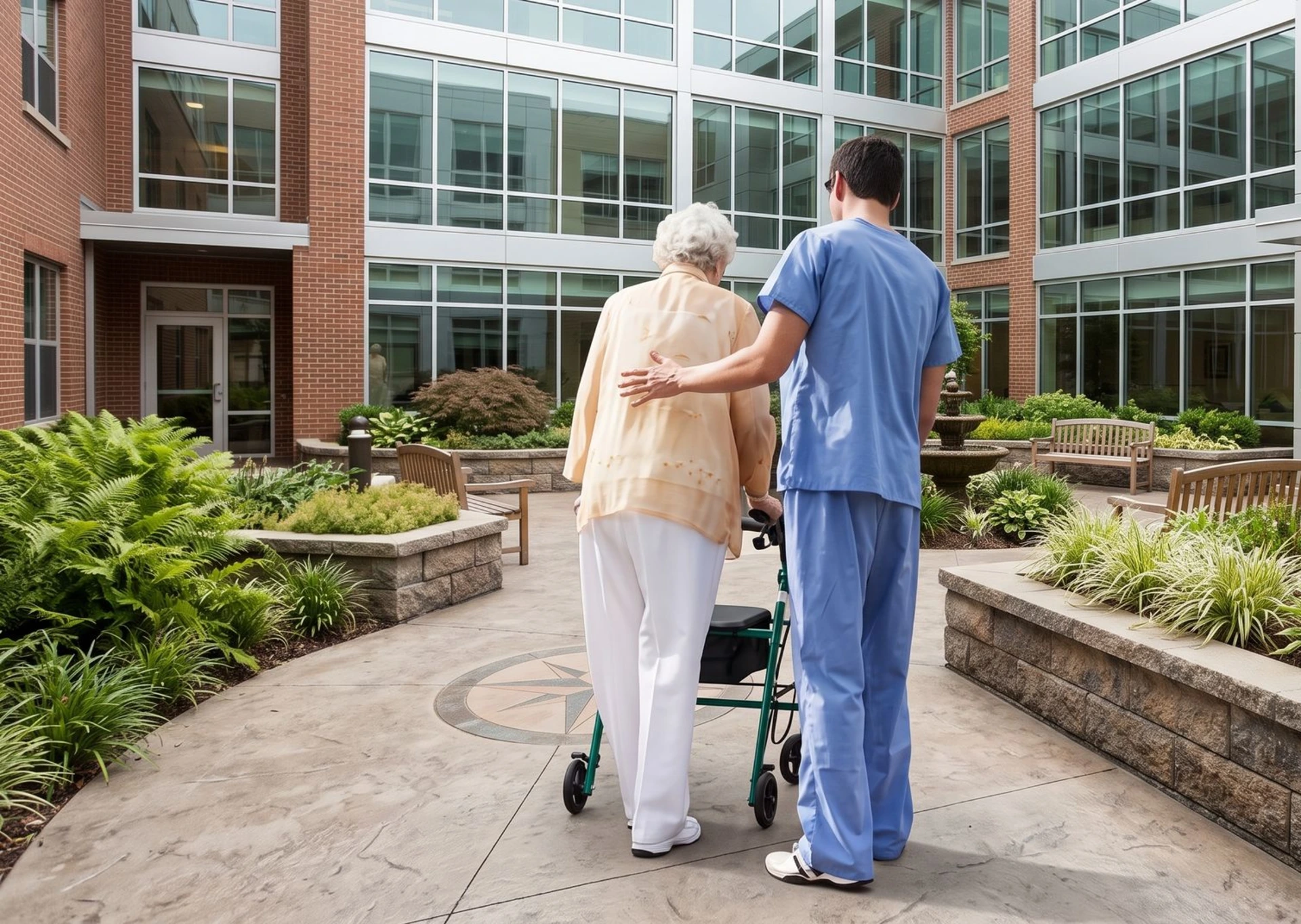 Een verpleger die een oudere dame met een rollator ondersteunt in een moderne binnentuin van een zorginstelling - Sector Zorg