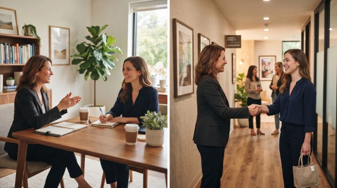 Van kandidaat naar inzetbare behandelaar — Gestroomlijnde recruitment en onboarding met Newconomie Professioneel sollicitatiegesprek en handdruk bij de werving en onboarding van een nieuwe behandelaar in een GGZ-organisatie.