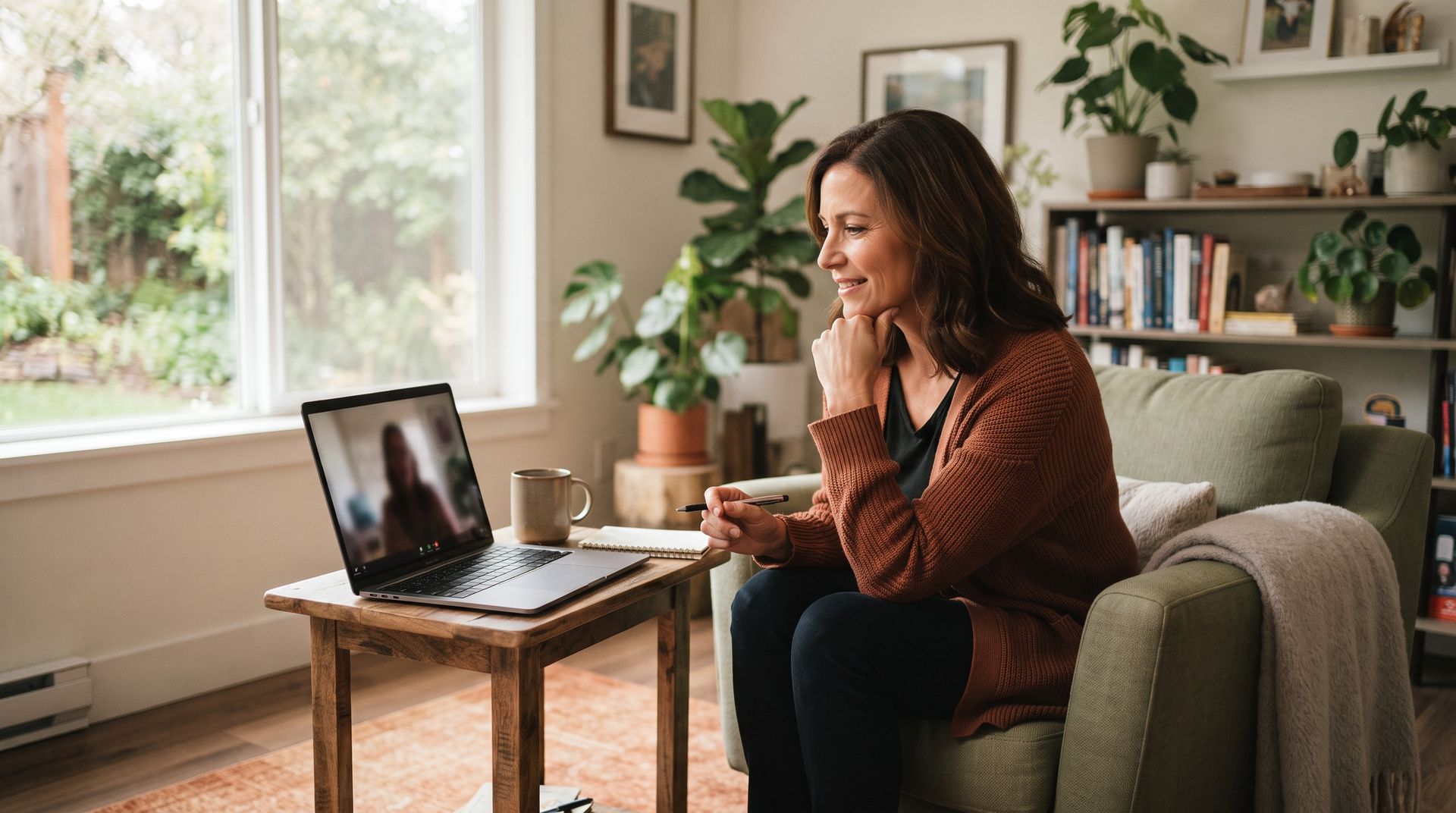 Van online consult naar correcte registratie — Naadloze koppeling van zorg en administratie met Newconomie Online psycholoog voert een videoconsult uit op een laptop voor correcte registratie van geleverde zorg binnen het zorgprestatiemodel.