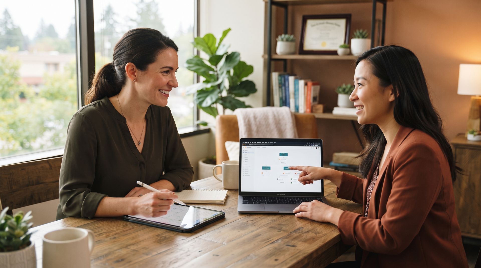 HR-manager en behandelend therapeut in gesprek over HR-processen, onboarding en personeelsdossiers in een moderne GGZ-praktijk.