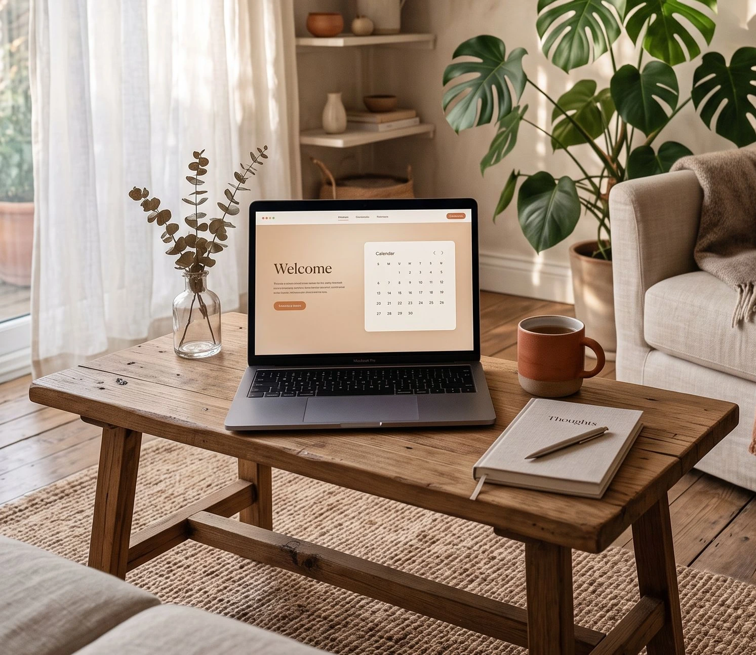 Zorgplatform & EPD — Specialistisch cliëntendossier en zorginhoudelijke verslaglegging Sfeervolle en rustgevende digitale behandelomgeving met een laptop voor online consulten en het cliëntendossier.