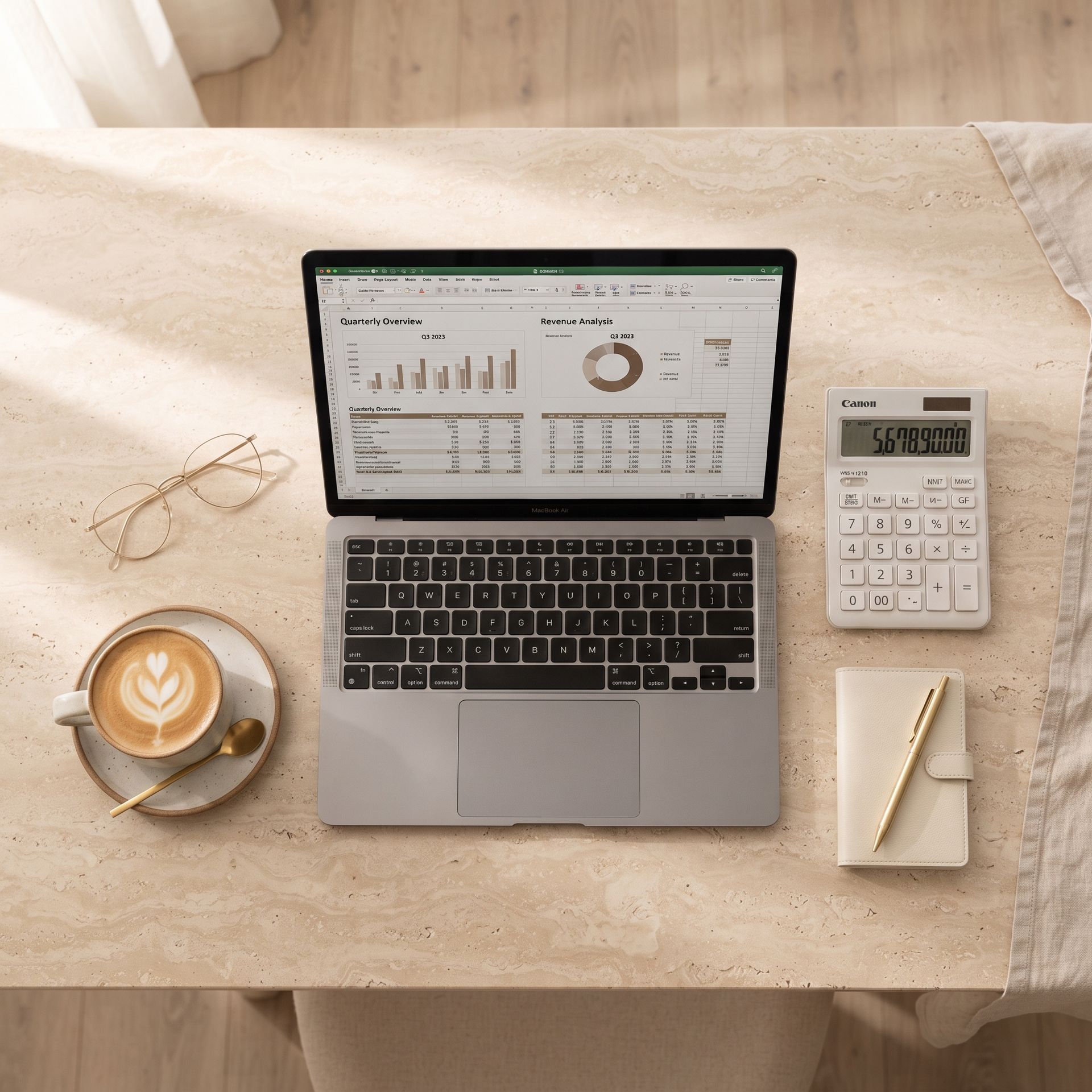 Declaratie & Finance — Gecontroleerde financiële afhandeling en zorgdeclaraties Overzichtelijke en geordende werkplek met een laptop en rekenmachine voor de financiële verwerking en declaratiestroom.