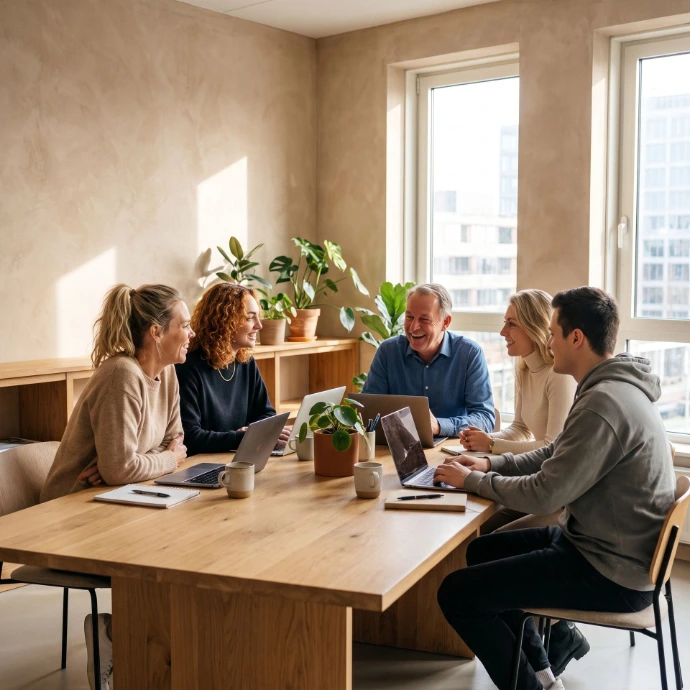 Waarom Newconomie — Eén betrokken partner voor procesontwerp, inrichting en begeleiding Het team van Newconomie in gesprek met een zorgklant in een lichte, moderne kantoorruimte over procesanalyse en Odoo-inrichting.