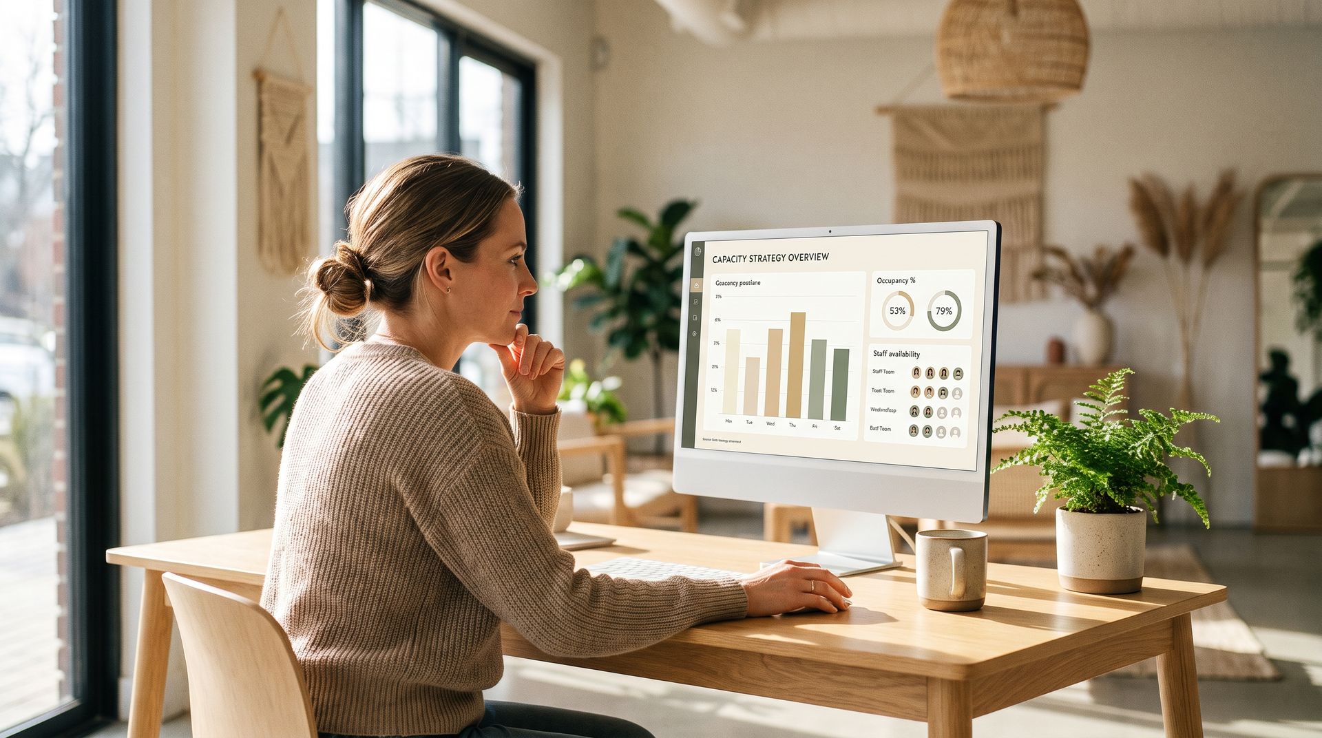 Van HR-dashboard naar capaciteitssturing — Direct overzicht op inzetbare capaciteit met Newconomie Strategisch capaciteitsdashboard op een monitor voor directieoverzicht op inzetbaarheid, bezetting en werving in de GGZ.