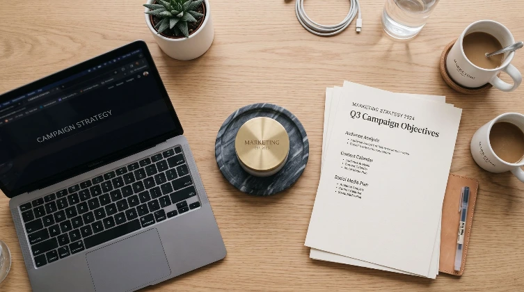 Bovenaanzicht van een werkplek met laptop, campagnedocumenten en koffiekoppen. Odoo e-mailmarketing en strategische planning via Newconomie