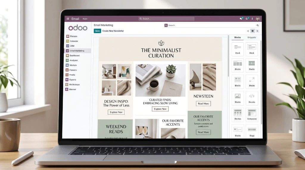 Laptop op een bureau toont de Odoo-interface voor het opmaken van e-mailnieuwsbrieven. Odoo e-mailmarketing en nieuwsbrieven ontwerpen via Newconomie