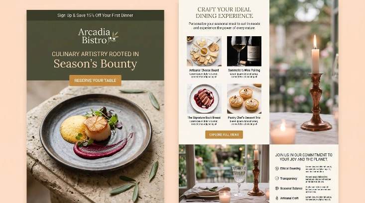 Email marketing Sfeervolle opmaak van culinaire menukaarten en online promotievoorbeelden. Odoo content creatie en marketingcampagnes voor de horeca door Newconomie