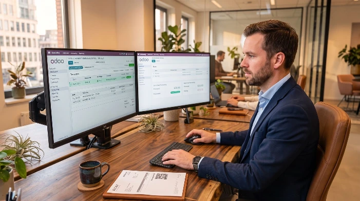Man in een zakelijke setting werkt met twee monitoren aan het opvolgen van openstaande facturen in Odoo. Odoo debiteurenbeheer en automatische betalingsherinneringen via Newconomie