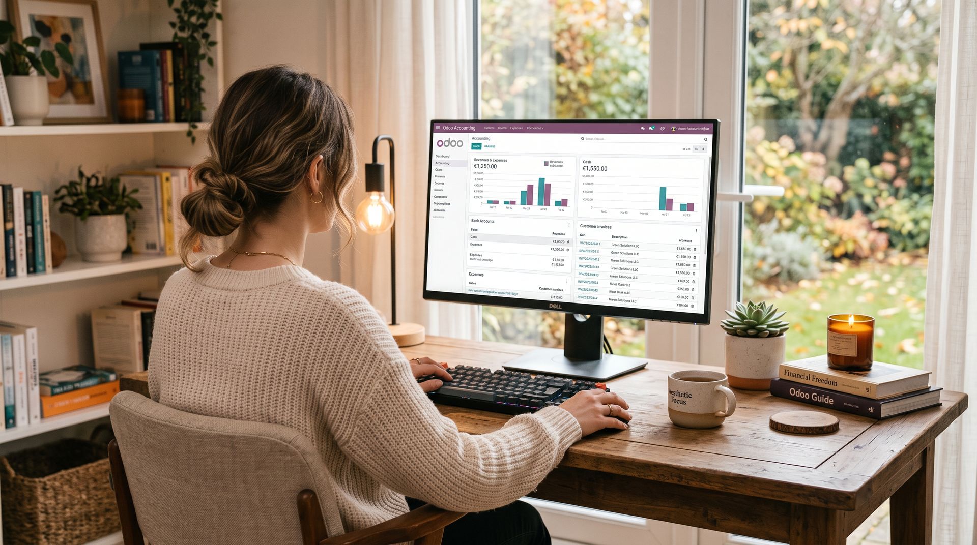 Vrouw achter een houten bureau bekijkt het Odoo inkoop- en facturatiedashboard op een monitor. Odoo automatische herkenning en verwerking van inkoopfacturen door Newconomie