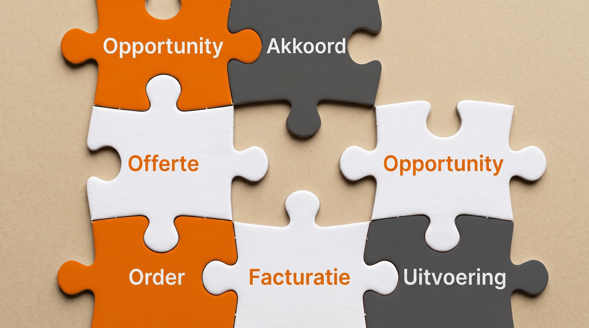 Geïntegreerde commerciële keten van verkoopkans tot facturatie met Odoo CRM door Newconomie Puzzelstukken die het naadloze commerciële proces tonen van opportunity naar offerte akkoord order uitvoering en facturatie
