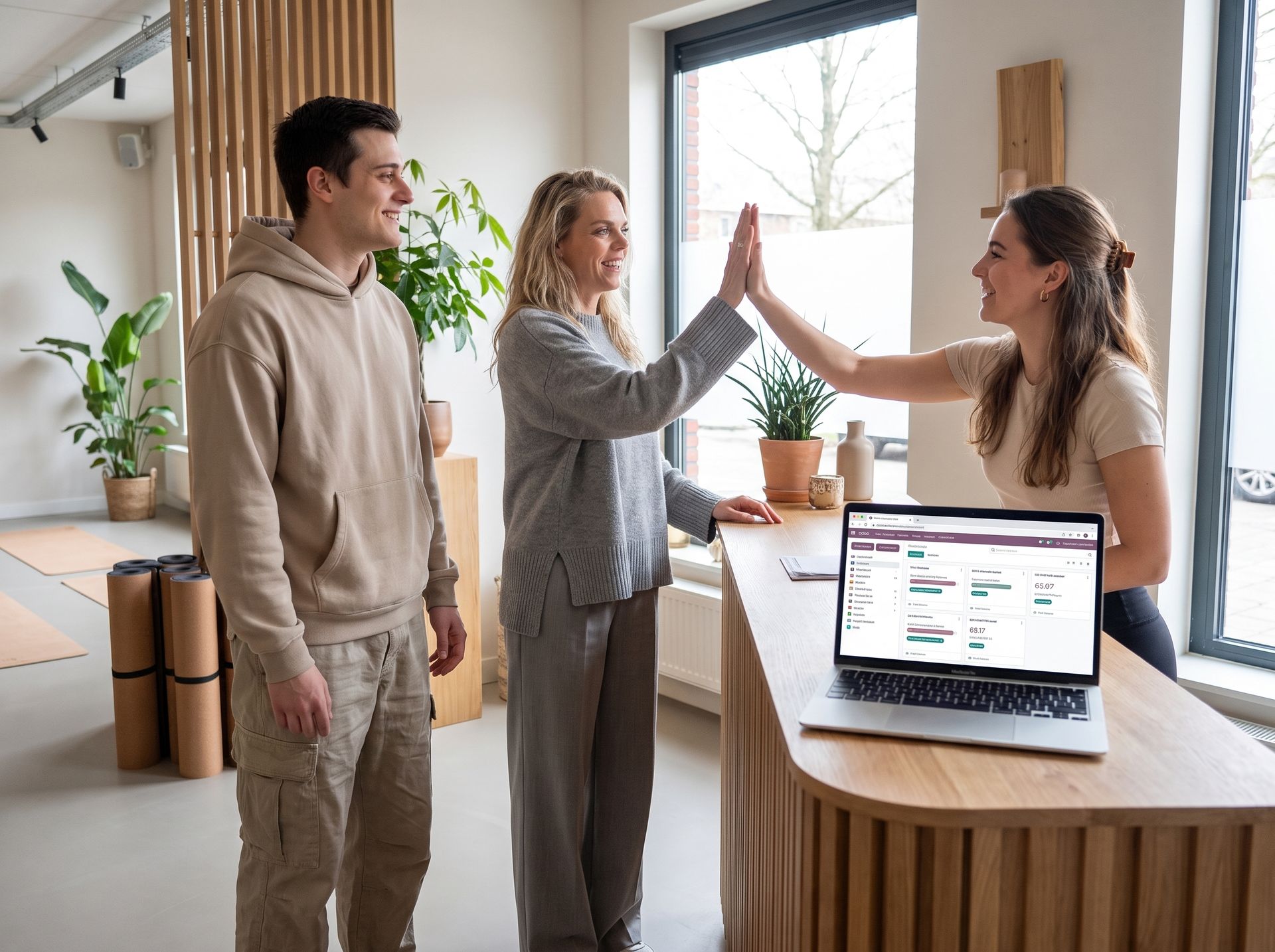 Odoo CRM voor dienstverleners en klantgerichte organisaties ingericht door Newconomie Succesvolle samenwerking en klantontvangst bij de balie met Odoo CRM op de laptop
