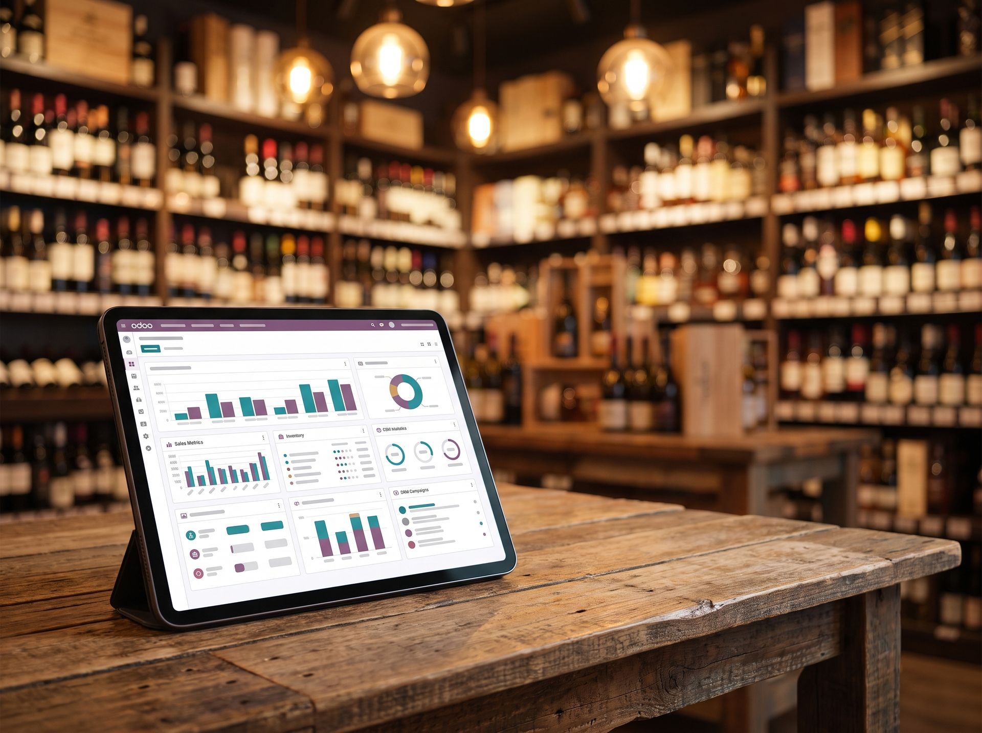 Odoo 19 als geïntegreerde commerciële technologie en basis door Newconomie Odoo 19 CRM en Sales dashboard op tablet met verkoopstatistieken en geïntegreerde modules